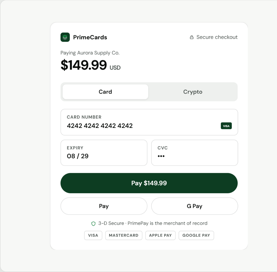 PrimeCards hosted checkout — card and crypto, PrimePay as merchant of record
